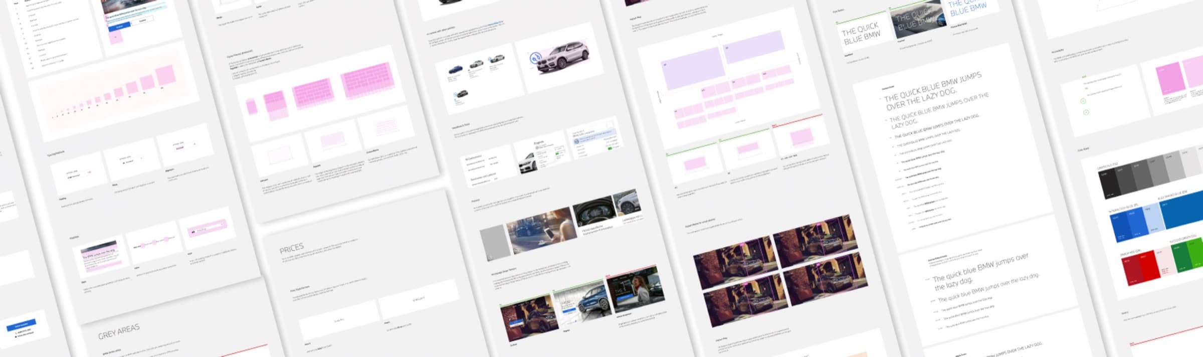 Overview of design system guideline pages with components, imagery and colour palettes.