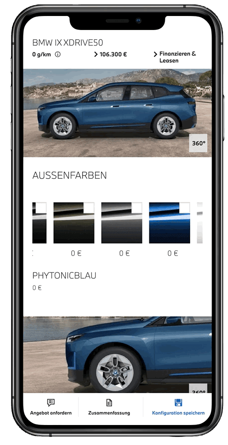 Mobile configurator for the BMW iX xDrive50 showing exterior colours.