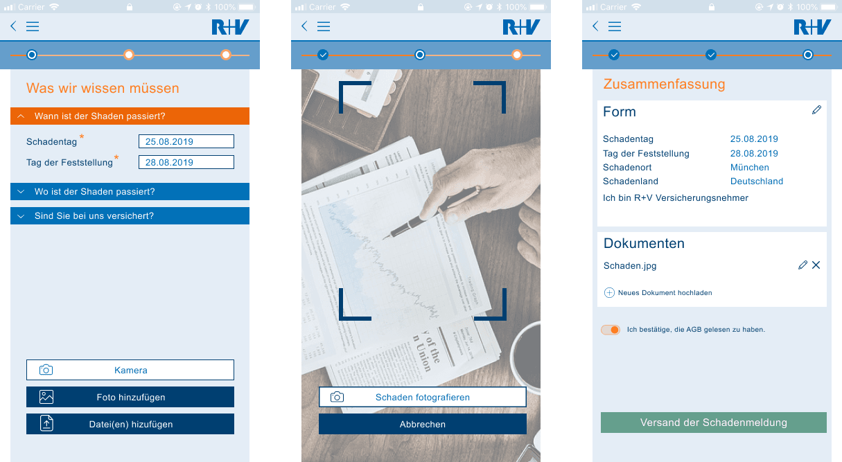 Three claim screens: incident details form, camera capture of a document, and the summary before sending.