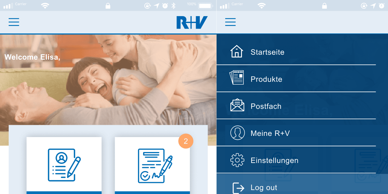 R+V app welcome screen next to the navigation menu with home, products, inbox, my R+V, settings and log out.