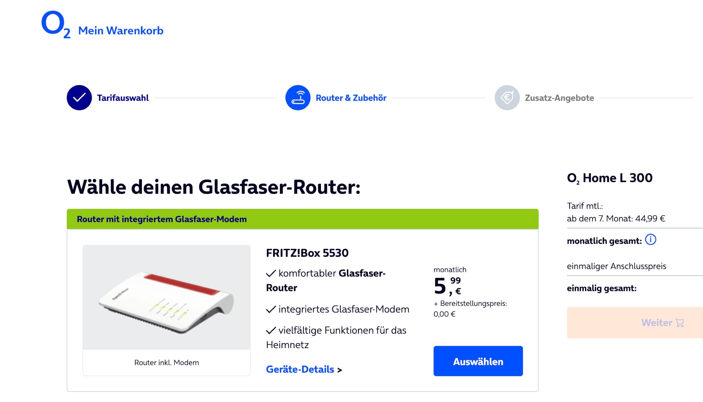 O2 fibre router selection step in the checkout.