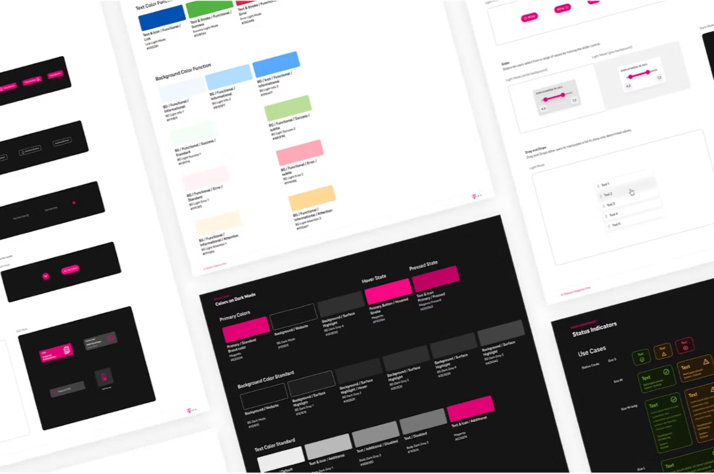 Design system documentation: color tokens, buttons and components in light and dark themes.