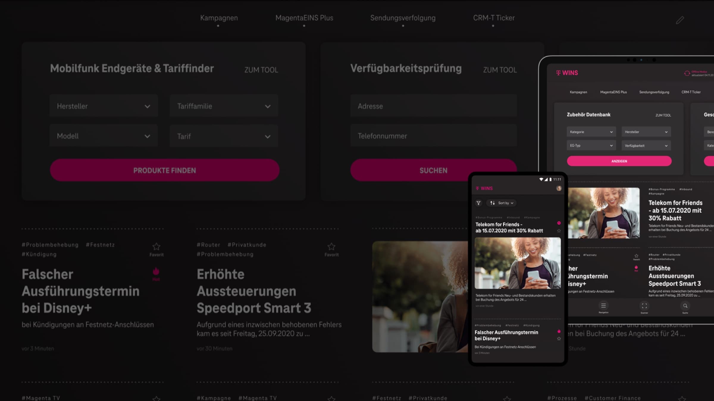 Magenta Infos screens: device and tariff finder, availability check and news articles on desktop, tablet and mobile.
