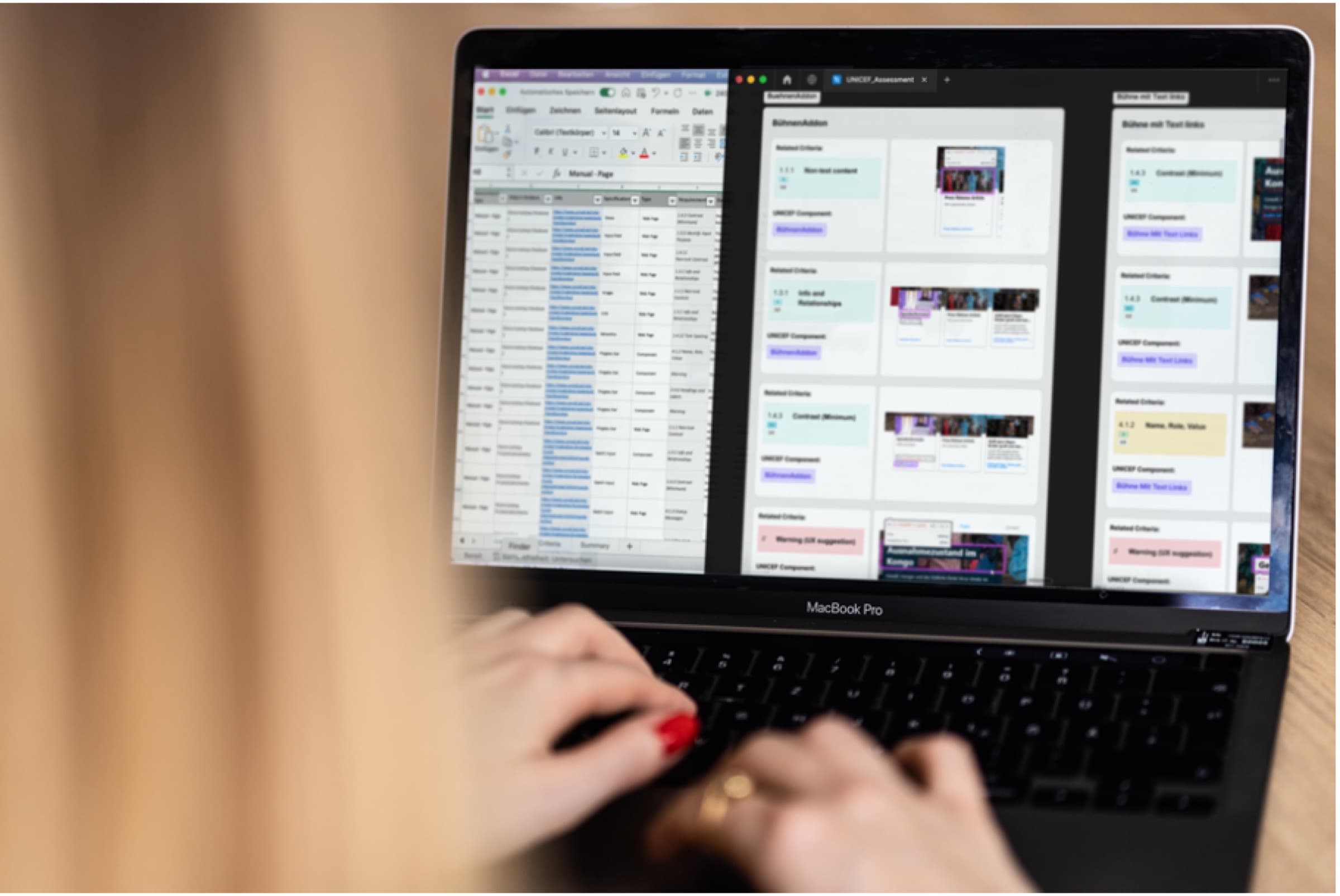 A person reviewing the accessibility report on a laptop, with a spreadsheet of findings next to annotated screens.