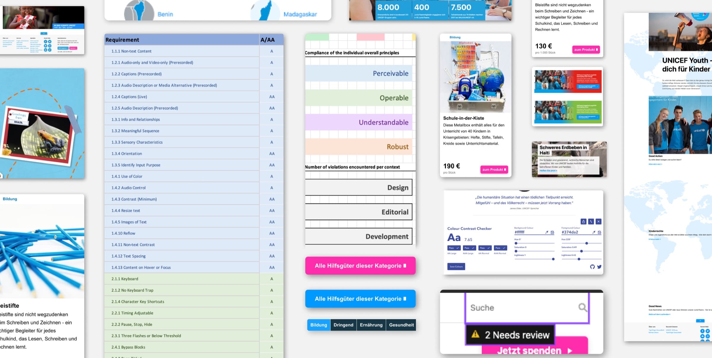Assessment board: a checklist of WCAG criteria next to annotated UNICEF pages and components.